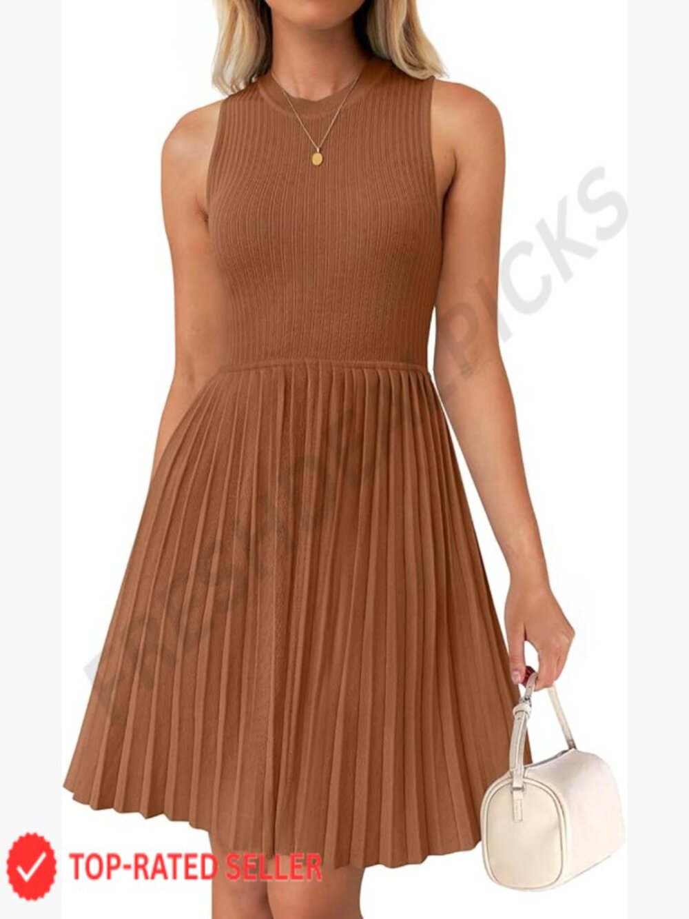 Sleeveless Mini Dress Crewneck A-Line Knit Pleated Swing Business Casual Work